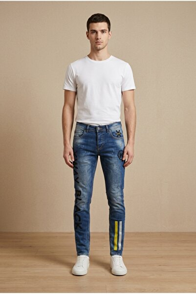 OEM Blugi barbati casual regular fit cu imprimeu lateral aplicatii decorative...