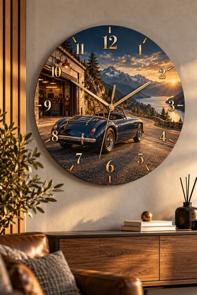 AA Shop Araba Temalı 45 Cm Ahşap Sessiz Akar Mekanizmalı UV Baskılı Dekoratif Duvar Saati Hediyelik 1107