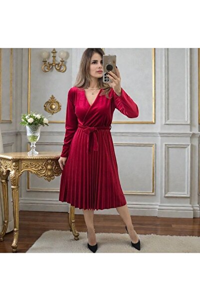 MAXORA SHOP Rochie midi din catifea Lacey, cu cordon în talie și mâneci lungi