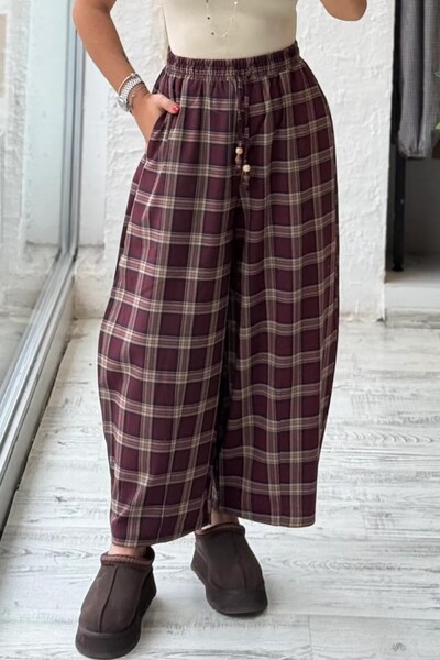 Suziş BORDO EKOSE DESENLİ BELİ LASTİKLİ PANTOLON PER51486