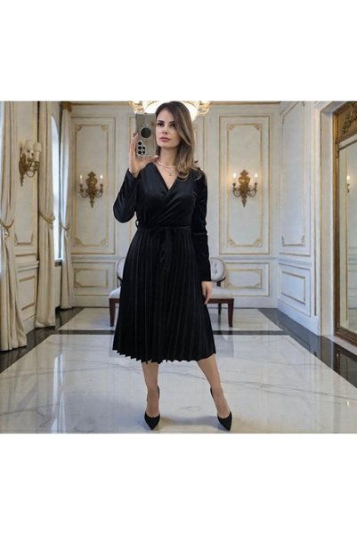 MAXORA SHOP Rochie midi din catifea Lacey, cu cordon în talie și mâneci lungi