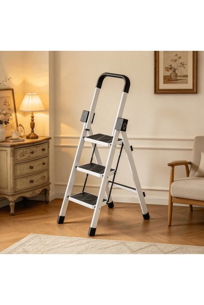 BESTONE 3 Step White Folding Step Ladder with Wide Anti Slip Pedals Flip Up Handrail for Space Saving Storage Portable Foldable Design for Home Kitchen Office Use