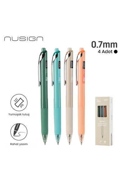 Nusign 0.7 mm Jel Kalem Siyah Mürekkep Ergonomik Yazım Kalemi 4'LÜ