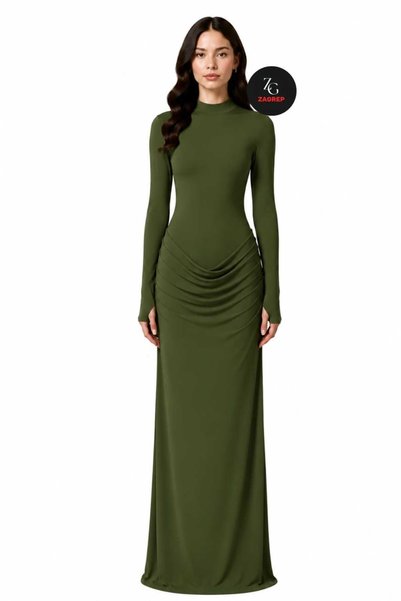 Zagrep Rochie maxi de damă, verde kaki, drapată, cu detaliu cu șnur și guler ...