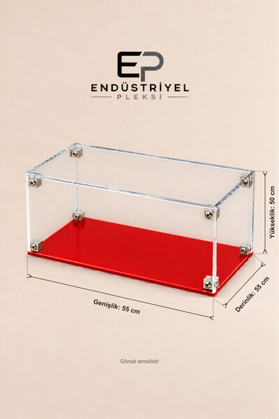ep endustriyel pleksi 55x55x50 cm Dikdörtgen Şeffaf Pleksi Display Box Premium Vitrin Ürün Sergileme Kutusu Kırmızı Taban