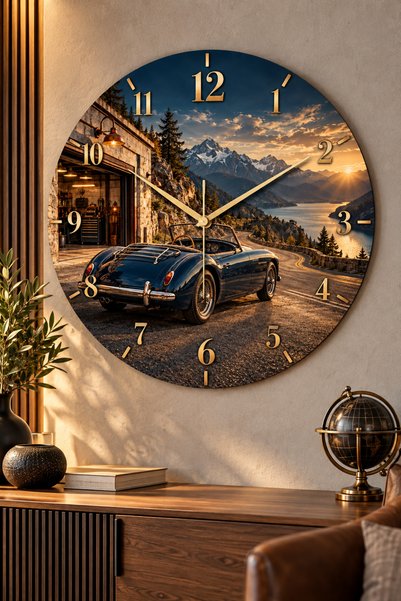 AA Shop Ceas de perete decorativ imprimat UV, tematică mașină, 45 cm, din lem...