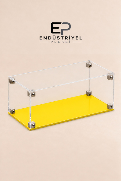 ep endustriyel pleksi 30x30x10 cm Dikdörtgen Şeffaf Pleksi Display Box Premium Vitrin Ürün Sergileme Kutusu Sarı Taban