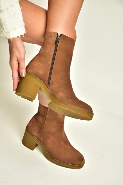 Fox Shoes Z667051161 Tan Genuine Leather Suede Thick Heeled Women's Boots