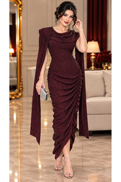 Velora Dresses فستان سهره عنابي بتصميم درابي فاخر