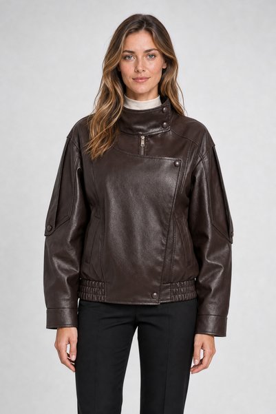 Firststops Women's Brown Oversize Faux Leather Jacket with Zipper and Snap De...