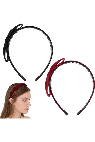 Xinjoduz 2 PCS Black & Red Bow Headbands for Women, Velvet Burgundy Thin Bowk...
