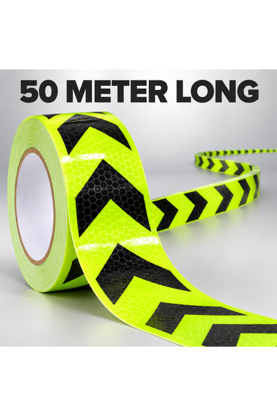 Generic Brand Reflective Safety Tape 50 Meter x 5 cm Roll - Neon Lime Yellow with Black Chevron Arrows, High Visibility Honeycomb Warning Tape, Strong Adhesive