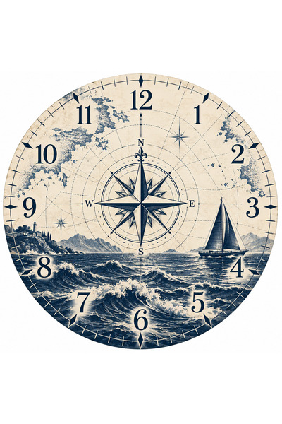 AA Shop Deniz Tekne Temalı 45 Cm Ahşap Sessiz Akar Mekanizmalı UV Baskılı Dekoratif Duvar Saati Hediyelik 1110