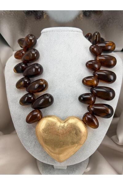 ZS Aksesuar Gold Color Big Heart Figured Brown Drop Beaded Flashy Women's Necklace Special Design