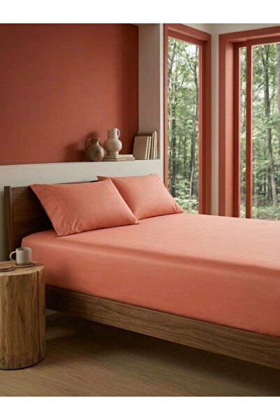 Cotton Box Satin Double Fitted Sheet Set (160X200+30 cm) - Salmon