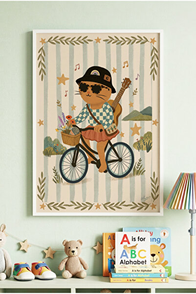 Zevahir Mobilya Dekorasyon 1 Piece White Wooden Framed Riding Guitarist Cat C...
