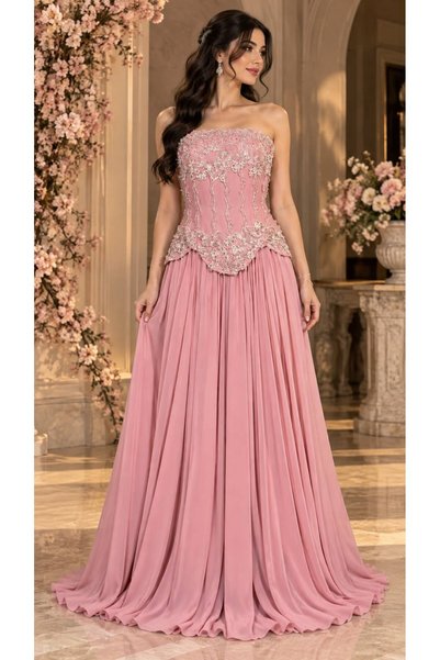 ELORA FASHION Pink Evening Gown with Silver Embroidery and Flowing Chiffon Sk...
