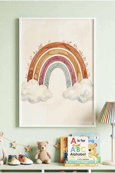 Zevahir Mobilya Dekorasyon 1 Piece White Wooden Framed Watercolor Effect Rain...