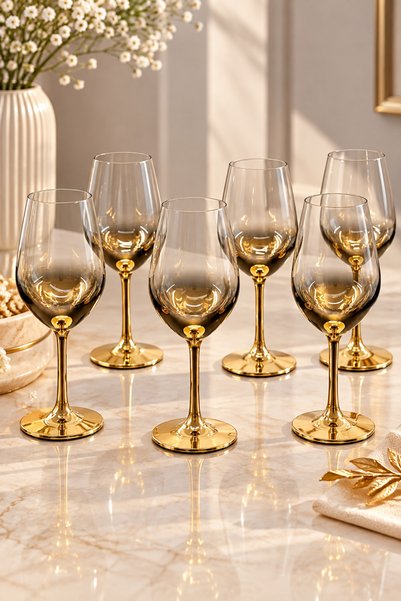 YzHome 6 Lı Gold Kaplama Cam Ayaklı Kokteyl Meşrubat Şarap Bardağı Bardak 250ml