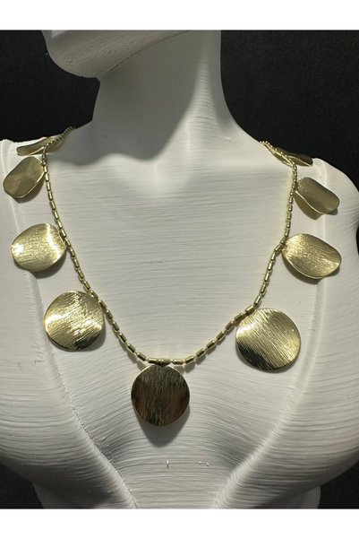 Gold Renk Sallantılı İri Yuvarlak Pul Detaylı Zincir Kolye
