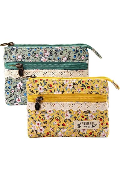 GENERAL Pack of 2 Mini Purse Change Purse Fabric Floral Pattern Green Yellow