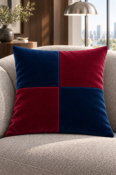 İki Renkli Patchwork/Dama - Kaliteli Kadife Kırlent Kılıfı 42×42 cm|Lacivert-Bordo