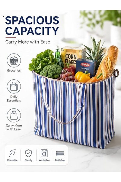 Classics Classic Blue White Striped Reusable Shopping Tote, Large Capacity Foldable Waterproof Shoulder Bag,
