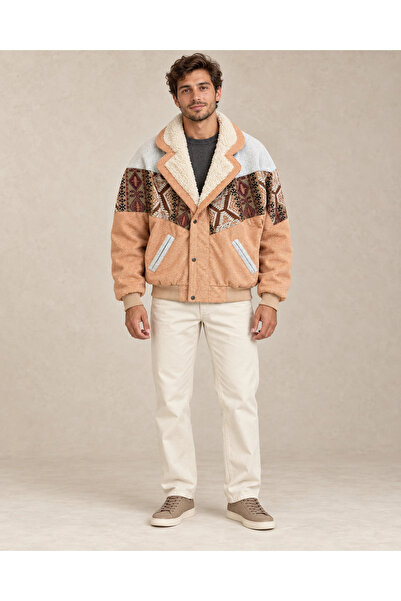 CANMODA (8103) Fur Collar Vintage Patterned Patchwork Men's Bomber Jacket - L/Xl