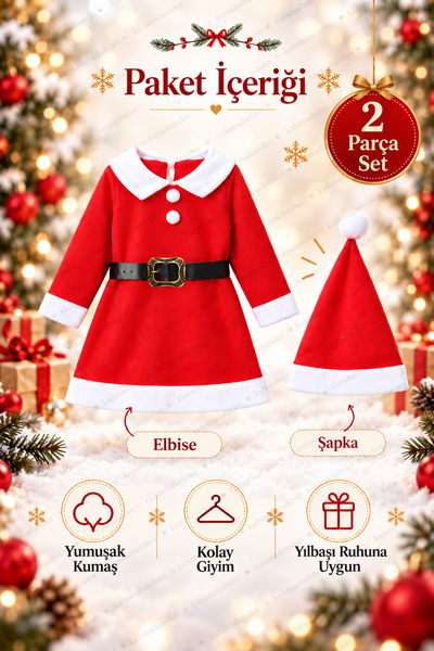 Kidsmadamiko Kız Çocuk Noel Baba Kostümü Kırmızı Polar Elbise ve Şapka Seti