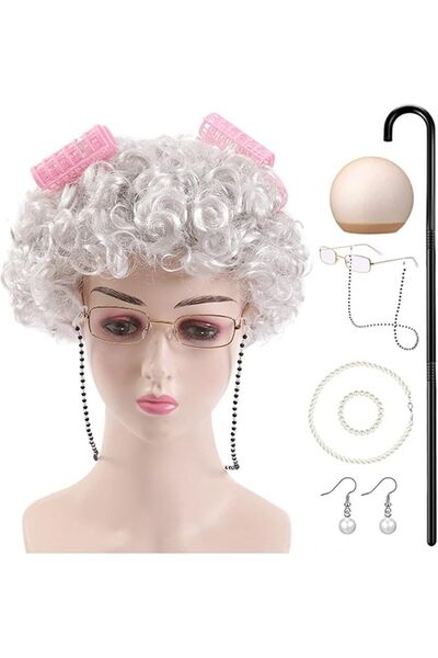KOWVOWZ Old Lady Cosplay Set, Granny Wig, walking cane Glasses Chain Cords Fa...