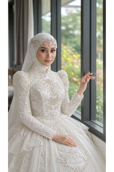 parisgelinlik Tesettür Gelinlik İnci Kristal Taş İşlemeli Balon Omuz Uzun Kol...