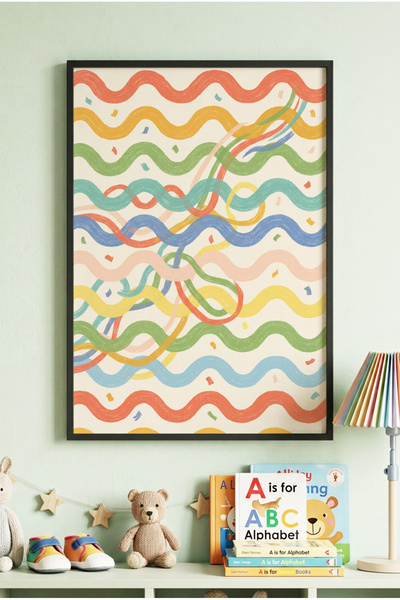 Zevahir Mobilya Dekorasyon 1 Piece Black Wooden Framed Colorful Wavy Line Con...