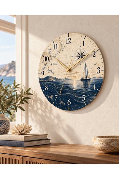 AA Shop Deniz Tekne Temalı 45 Cm Ahşap Sessiz Akar Mekanizmalı UV Baskılı Dekoratif Duvar Saati Hediyelik 1111