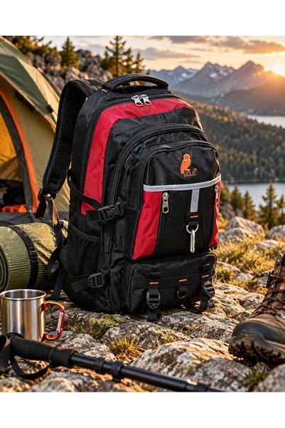 UGLE Outdoor Sırt Çantası Çok Bölmeli Kamp Hiking Trekking Dağcılık Seyahat Günlük Kullanım Siyah Kırmızı