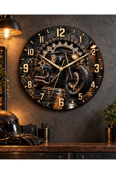 AA Shop Motor Temalı 45 Cm Ahşap Sessiz Akar Mekanizmalı UV Baskılı Dekoratif Duvar Saati Hediyelik 1109