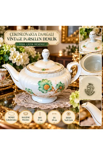 Atak Hediyelik Vintage Çekoslovakya Damgalı Porselen Büyük Boy Demlik Yeşil Çiçek Desenli Gold Yaldızlı 28 cm