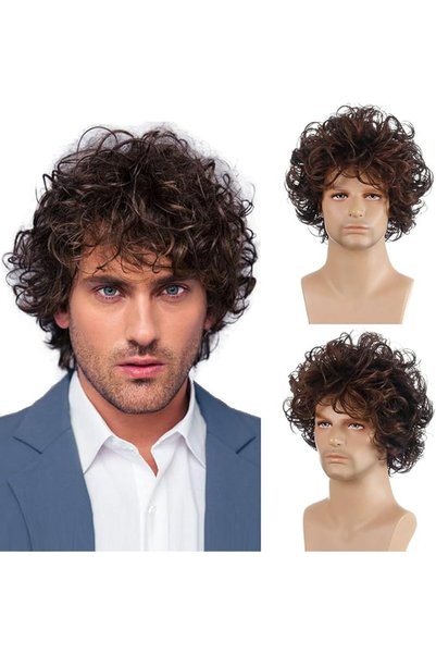 GENERAL Mens Wigs Curly Short Brown Layered Wig Syntheric Replacement Cosplay...