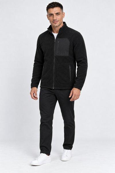 BADESSA Men's Black Fleece Fabric Jacket Soft Winter Jacket with 3 Pockets an...