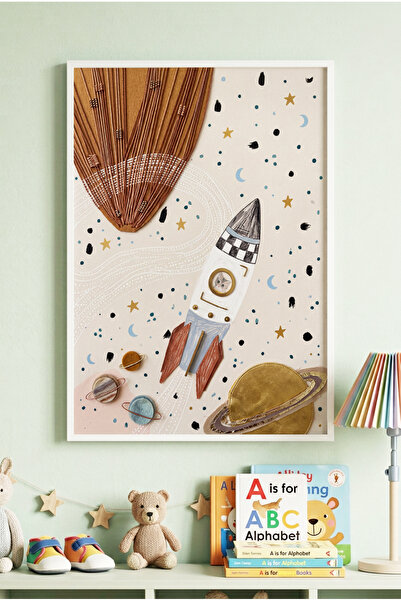 Zevahir Mobilya Dekorasyon 1 Piece White Wooden Framed Cute Rocket and Planet...