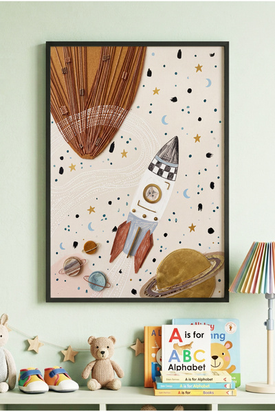 Zevahir Mobilya Dekorasyon 1 Piece Black Wooden Framed Cute Rocket and Planet...