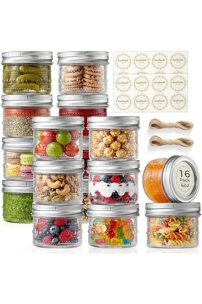 NETANY 16 Pack Small Glass Jars with Lids - 4oz Vintage Embossed Mini Mason Jars