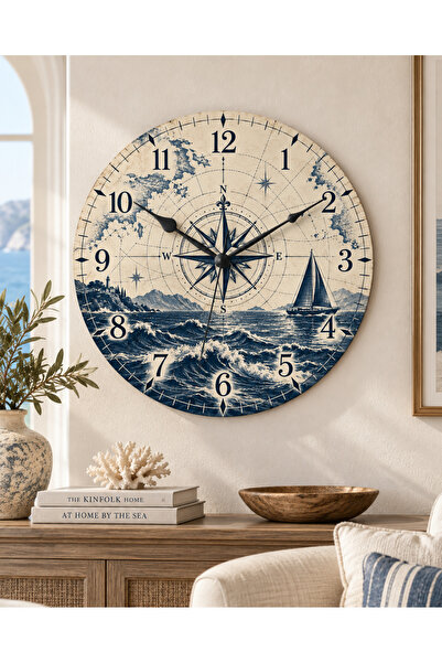AA Shop Deniz Tekne Temalı 45 Cm Ahşap Sessiz Akar Mekanizmalı UV Baskılı Dekoratif Duvar Saati Hediyelik 1110