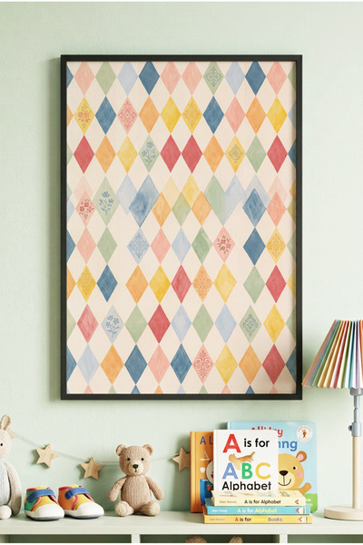 Zevahir Mobilya Dekorasyon 1 Piece Black Wooden Framed Colorful Pastel Diamon...