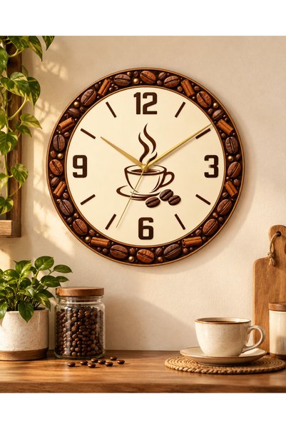 AA Shop Kahve Temalı 45 Cm Ahşap Sessiz Akar Mekanizmalı UV Baskılı Dekoratif Duvar Saati Hediyelik 1104