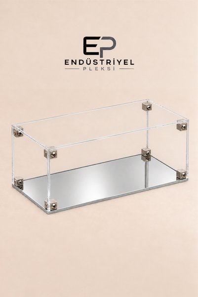 ep endustriyel pleksi 30x30x10 cm Dikdörtgen Şeffaf Pleksi Display Box Premium Ürün Sergileme Kutusu Gümüş Aynalı Taban