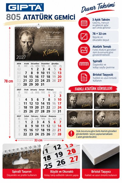 Gıpta 2027 Atatürk Temalı Gemici Duvar Takvimi 78 × 33 cm