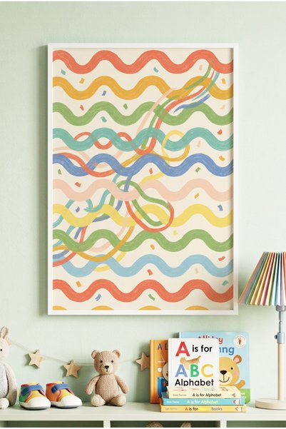 Zevahir Mobilya Dekorasyon 1 Piece White Wooden Framed Colorful Wavy Line Con...