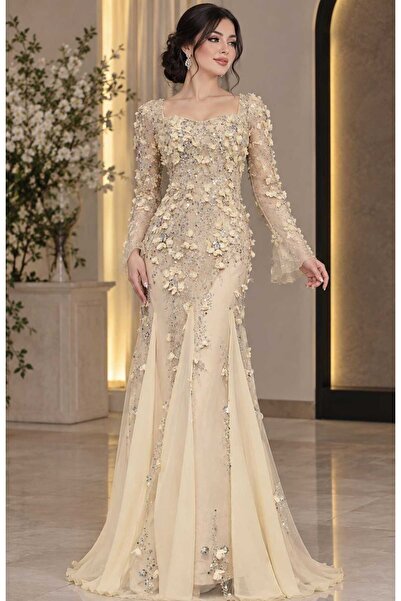 Barly Luxury Champagne Evening Dress with 3D Floral Embroidery