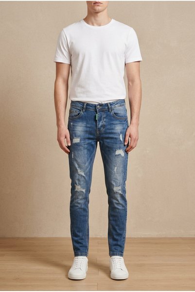 OEM Blugi barbati casual regular fit prespalati cu rupturi decorative si etic...