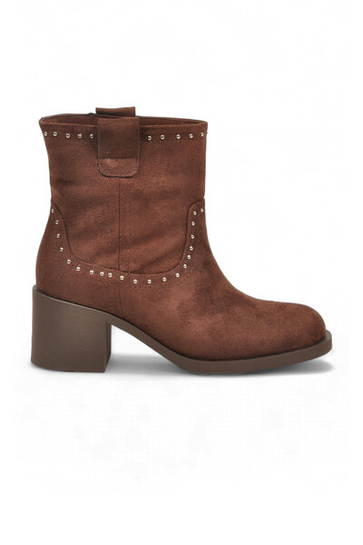 AYAKMOD Women's Brown Suede Studded Detailed Zippered Boots Heeled Stylish Co...